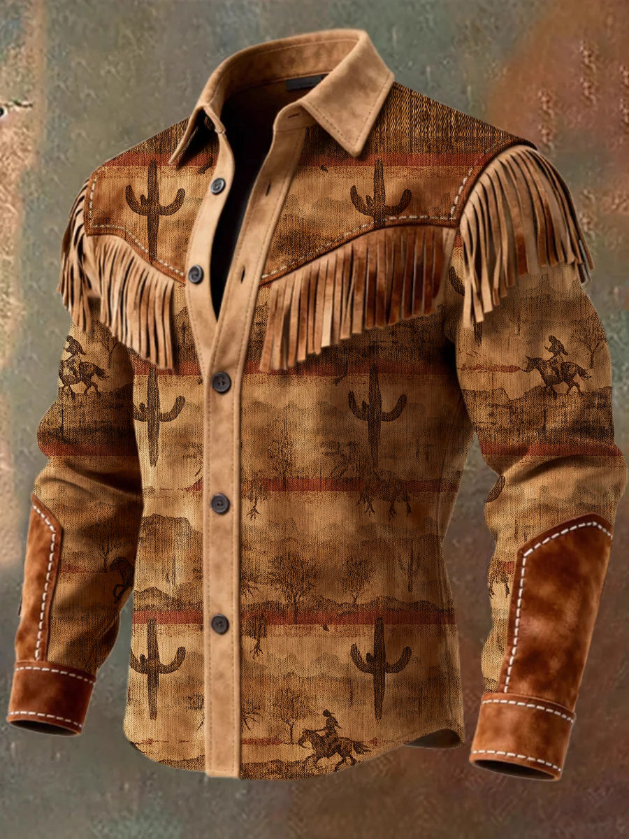 Men's Retro Western Style Art Print Vintage Tassel Casual Long Sleeve Shirt